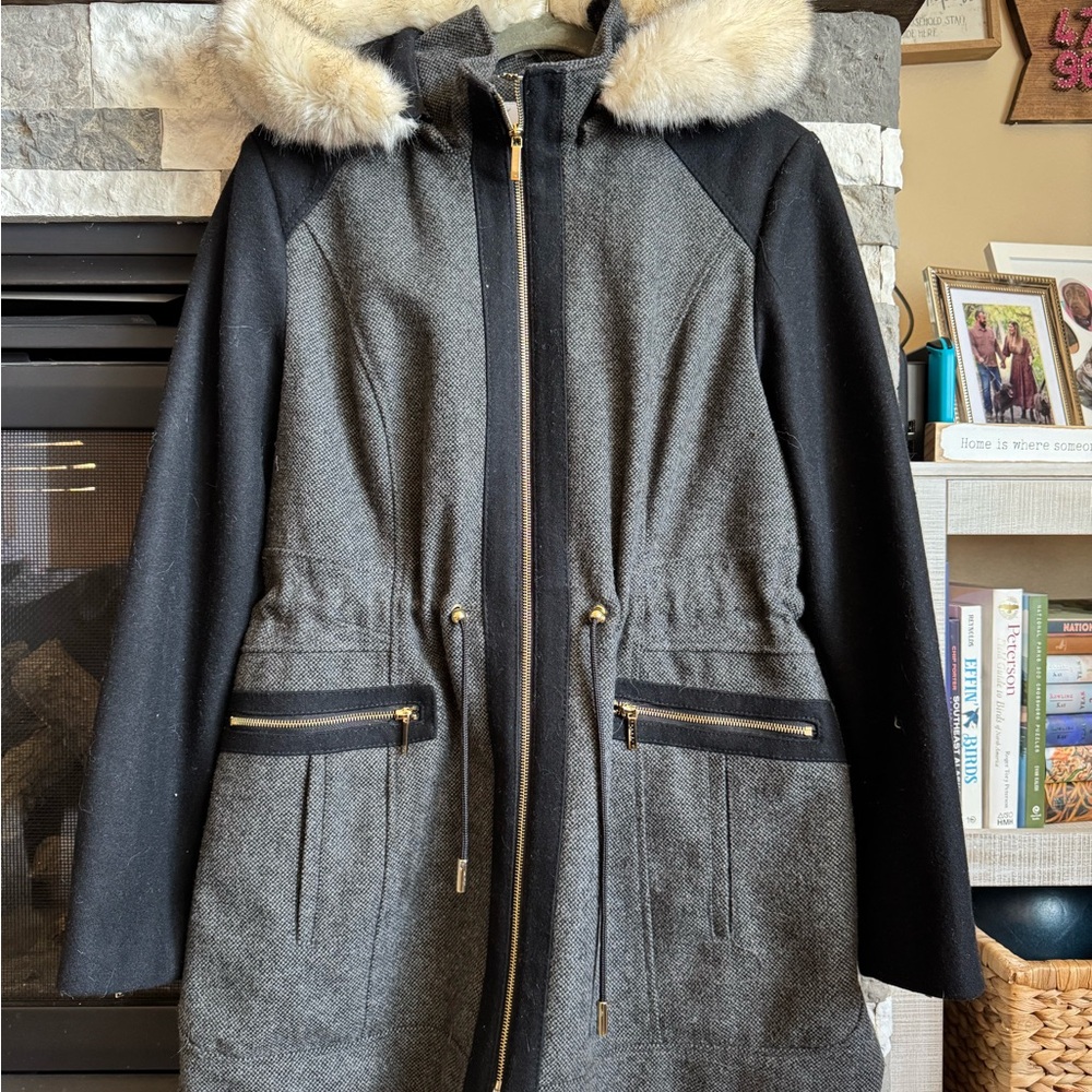 Women's Gray and Black Jacket with Faux Fur Hood by laundry by Shelli Segal